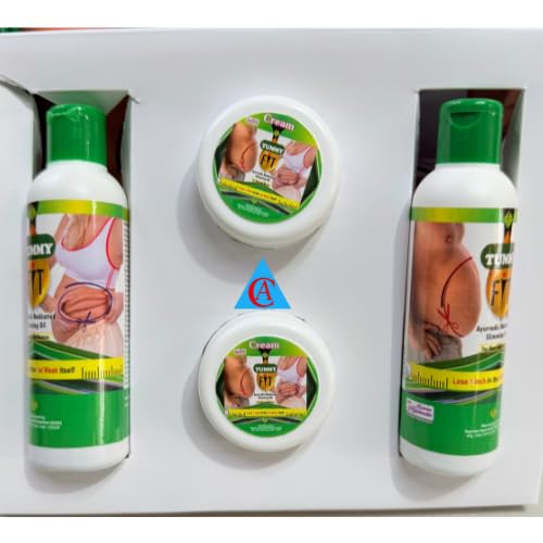 Tummy Slimming Cream and Oil 4pcs Combo Pack Tummy Fit Ayurvedic Silmming Oil Waist & Tummy Trim Fights Cellulite and Reduces Flab For a Flatter and Firmer Waist Helps Tone Muscles
