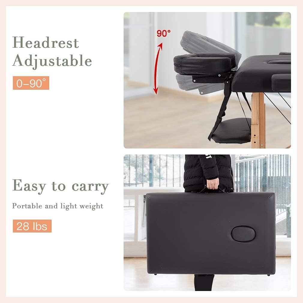 Massage Bed Portable 2 Fold Wooden Massage Table 24 Inch Wide Lash Bed Height Adjustable 2 Folding Spa Table with Non-Woven Bag for Spa Footmassage Facial CareSpa Tattoo