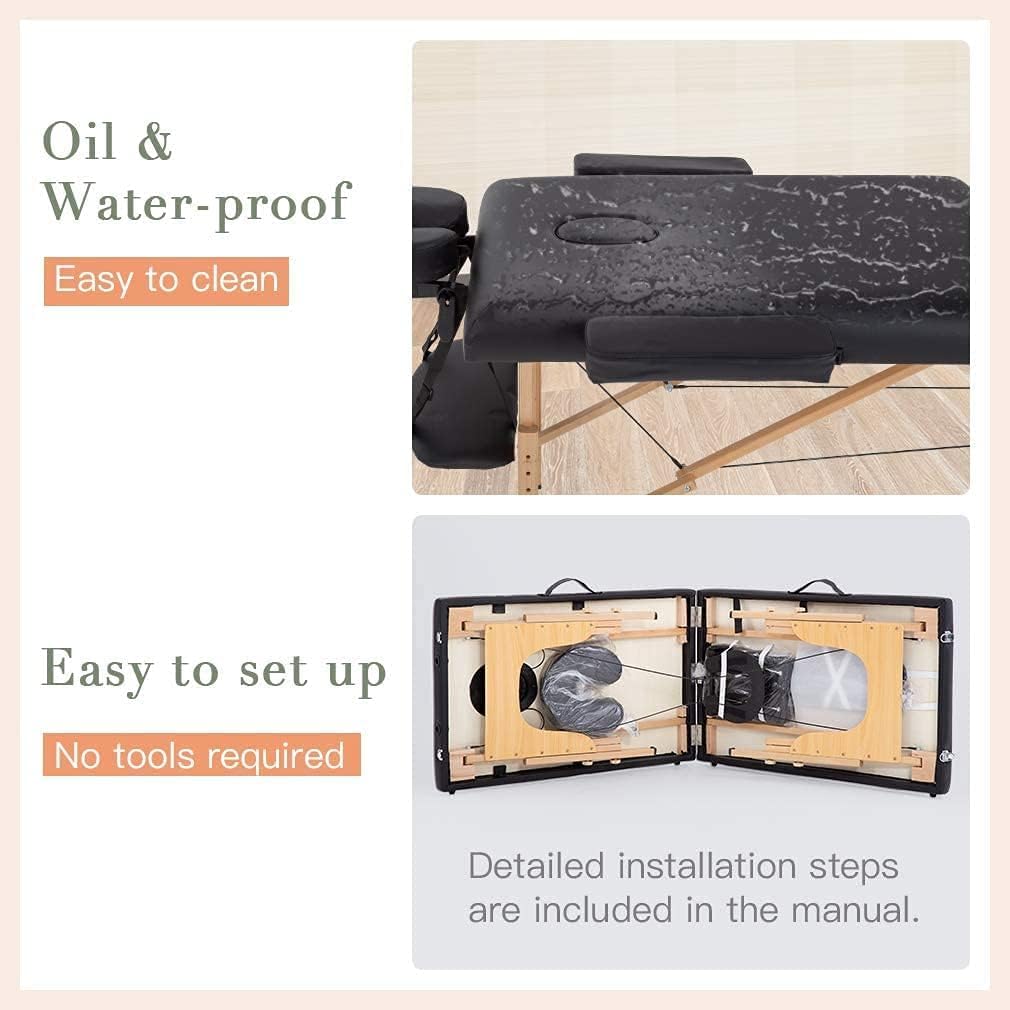 Massage Bed Portable 2 Fold Wooden Massage Table 24 Inch Wide Lash Bed Height Adjustable 2 Folding Spa Table with Non-Woven Bag for Spa Footmassage Facial CareSpa Tattoo