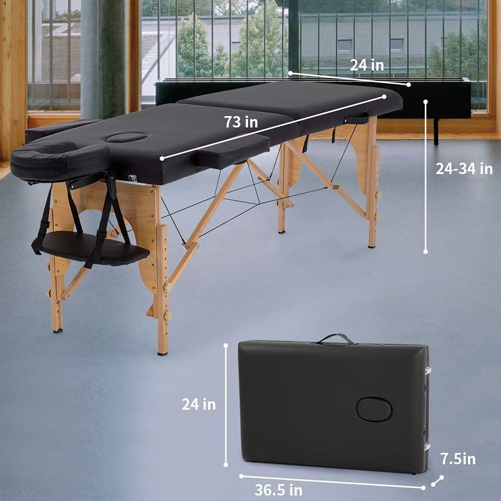 Massage Bed Portable 2 Fold Wooden Massage Table 24 Inch Wide Lash Bed Height Adjustable 2 Folding Spa Table with Non-Woven Bag for Spa Footmassage Facial CareSpa Tattoo