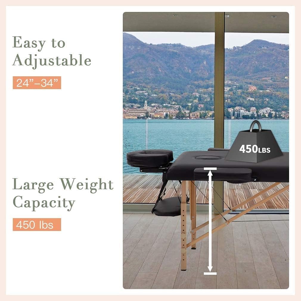 Massage Bed Portable 2 Fold Wooden Massage Table 24 Inch Wide Lash Bed Height Adjustable 2 Folding Spa Table with Non-Woven Bag for Spa Footmassage Facial CareSpa Tattoo