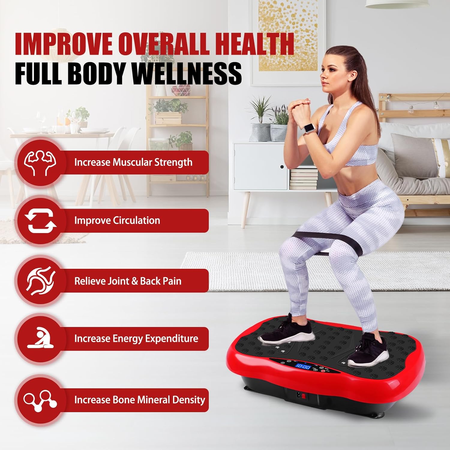 Vibration Plate Exercise Machine, Health & Fitness Full Body Vibration Platform, Portable Vibration Plate Platform for Weight Loss Home Fitness, Lymphatic Drainage, w/Resistance Bands+Remote