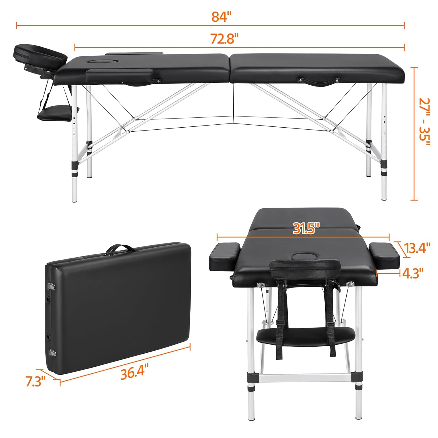 Portable Massage Table 84Inch Massage Bed Aluminium Height Adjustable Facial Salon Tattoo Bed With Carring Case,2 Fold,Extra Wide,Black