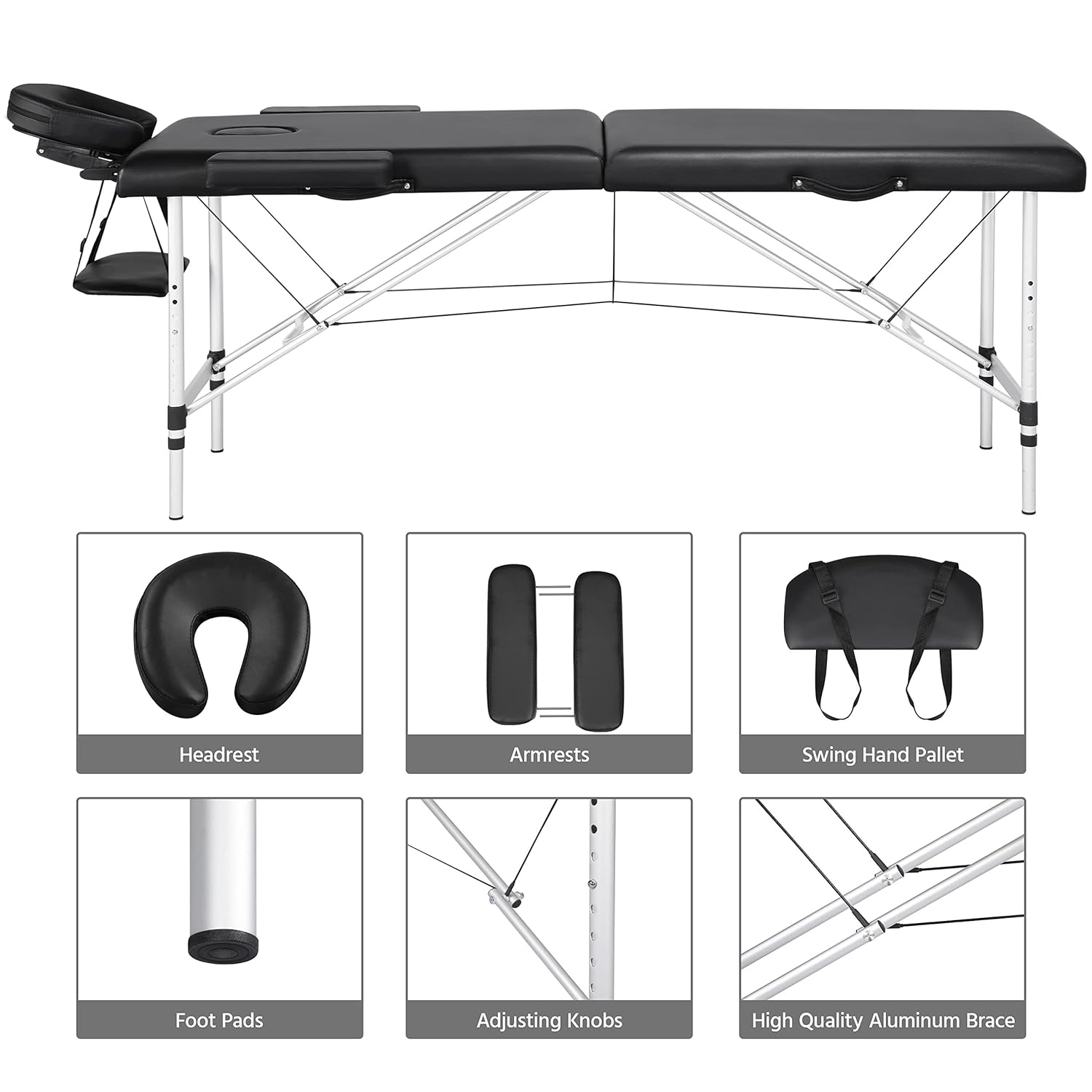 Portable Massage Table 84Inch Massage Bed Aluminium Height Adjustable Facial Salon Tattoo Bed With Carring Case,2 Fold,Extra Wide,Black